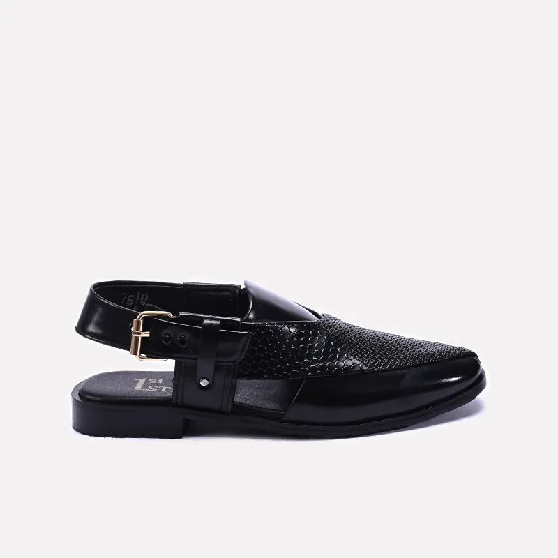 Black Textured Peshawari Chappal 0141108
