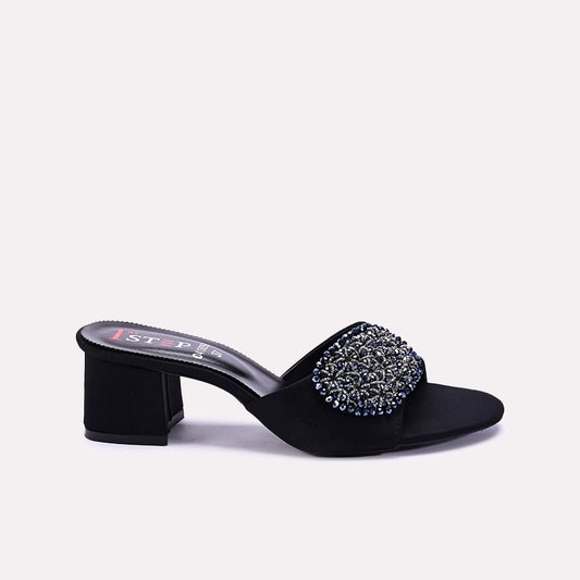Womens Black Fancy Block Heel Slippers