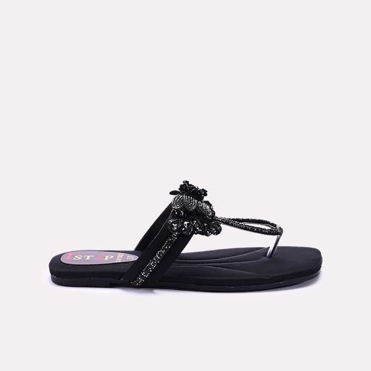 Womens Black Fancy Flat Slippers