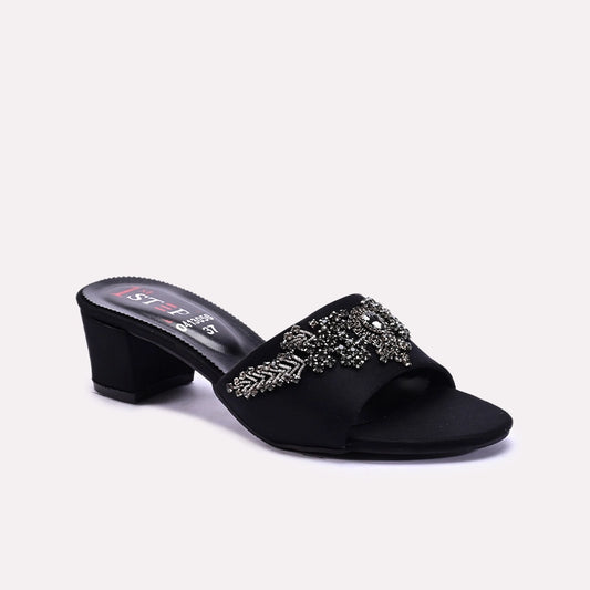 Black Fancy Heel Slippers