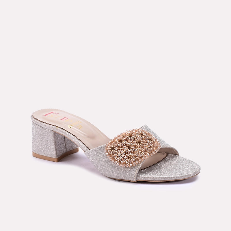 Gold Fancy Block Heel Slippers