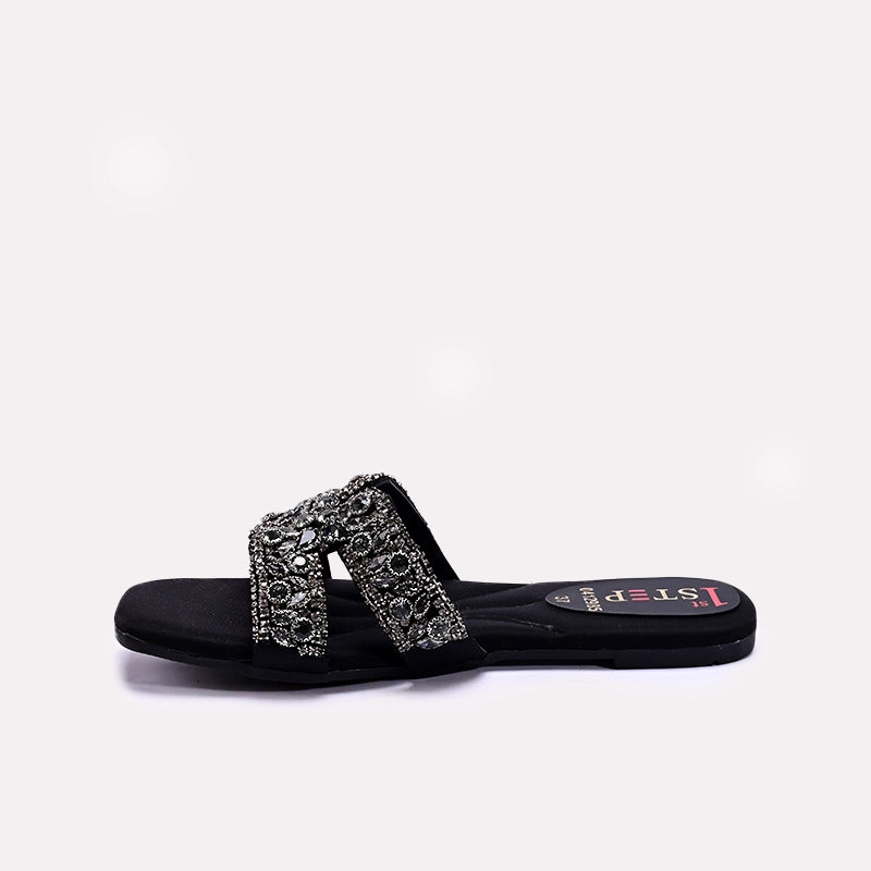 Womens Black Fancy Flat Slippers 0412985
