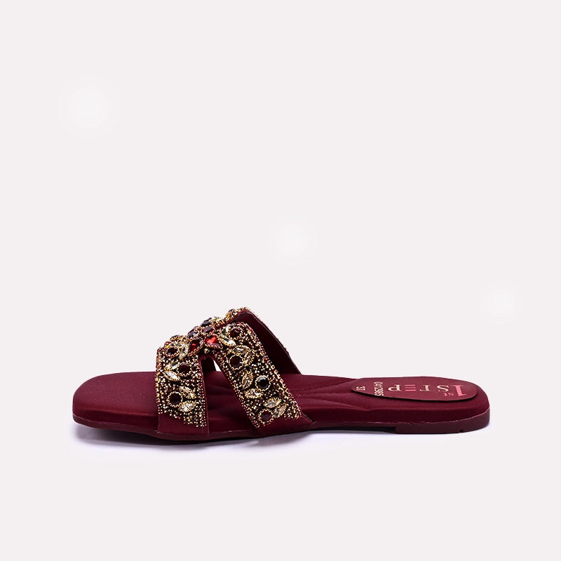 Womens Maroon Fancy Flat Slippers 0412985