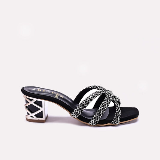 Womens Black Block Heel Fancy Slippers