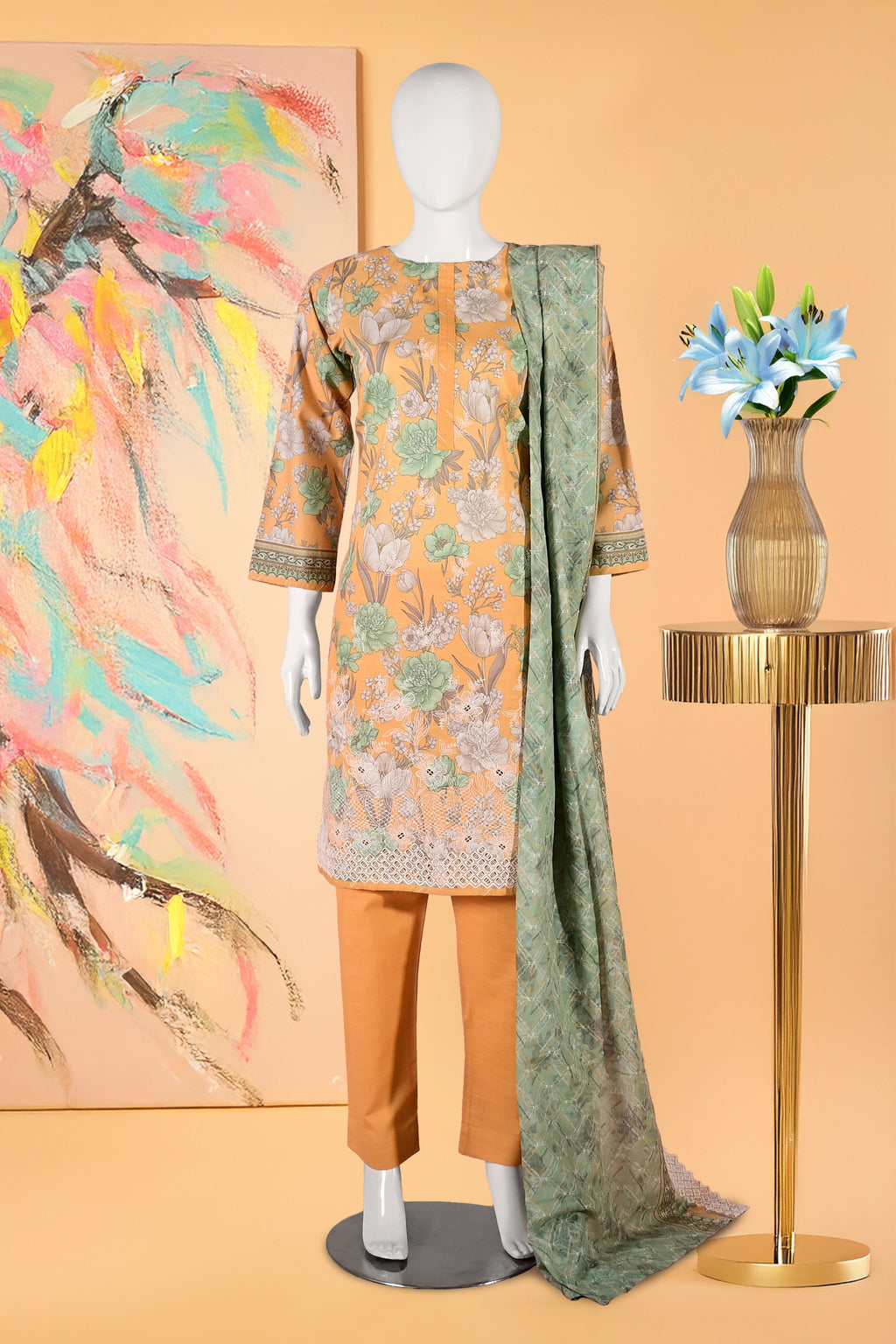 Marigold-3 Piece Cotton Stitched Suit-15D0111