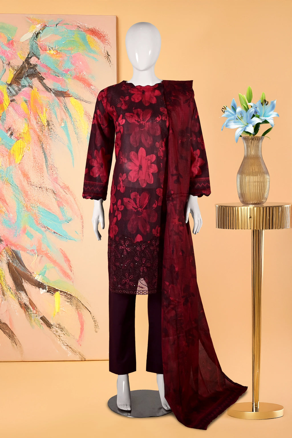 Berry Blaze - 3 Piece Cotton Stitched Suit-15D0137