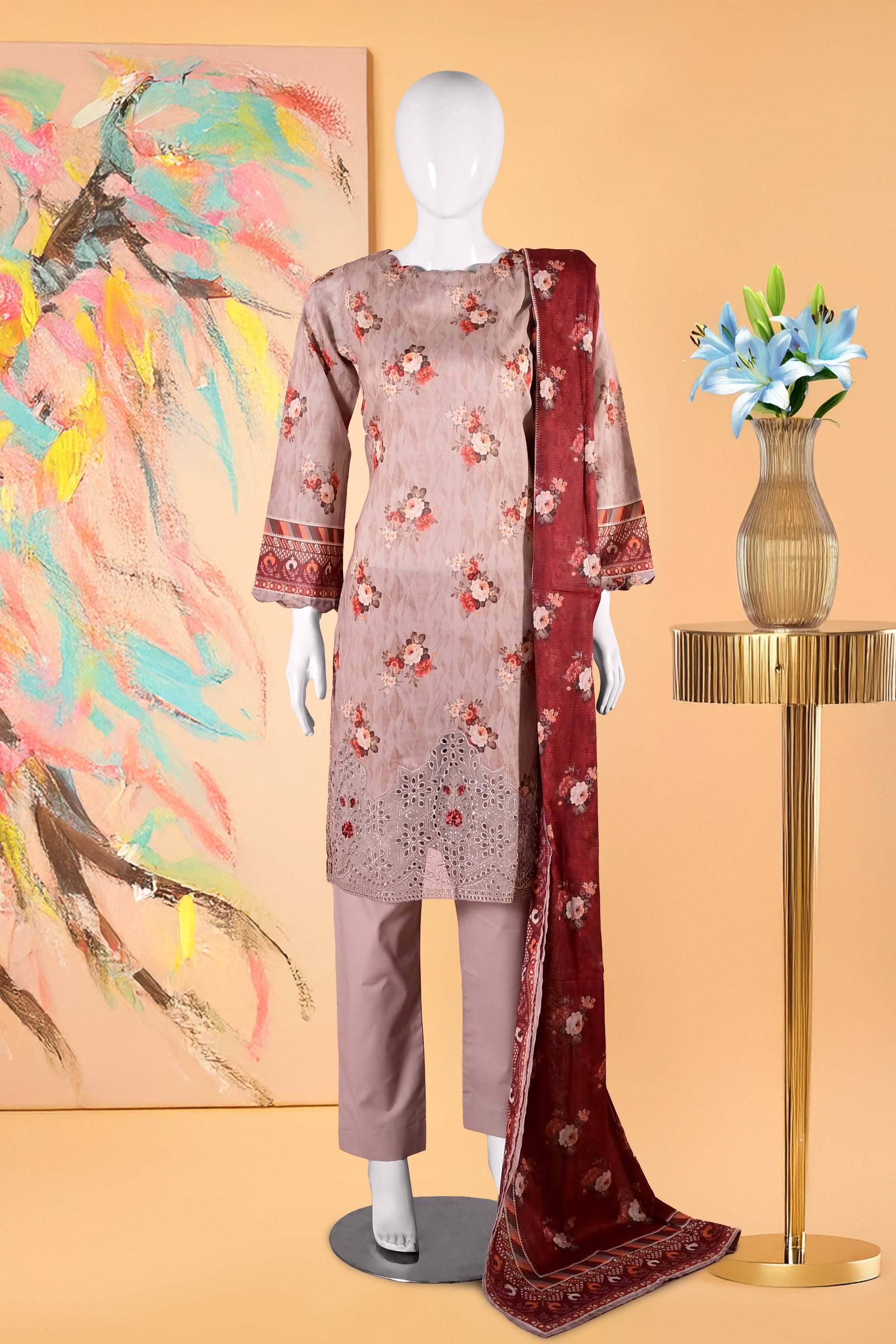 Beige Flora - 3 Piece Cotton Stitched Suit 15D0133