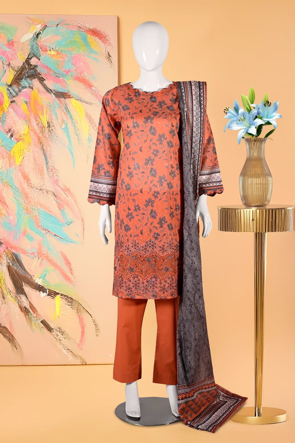 Rust Blossom- 3 Piece Cotton Stitched Suit-15D0129