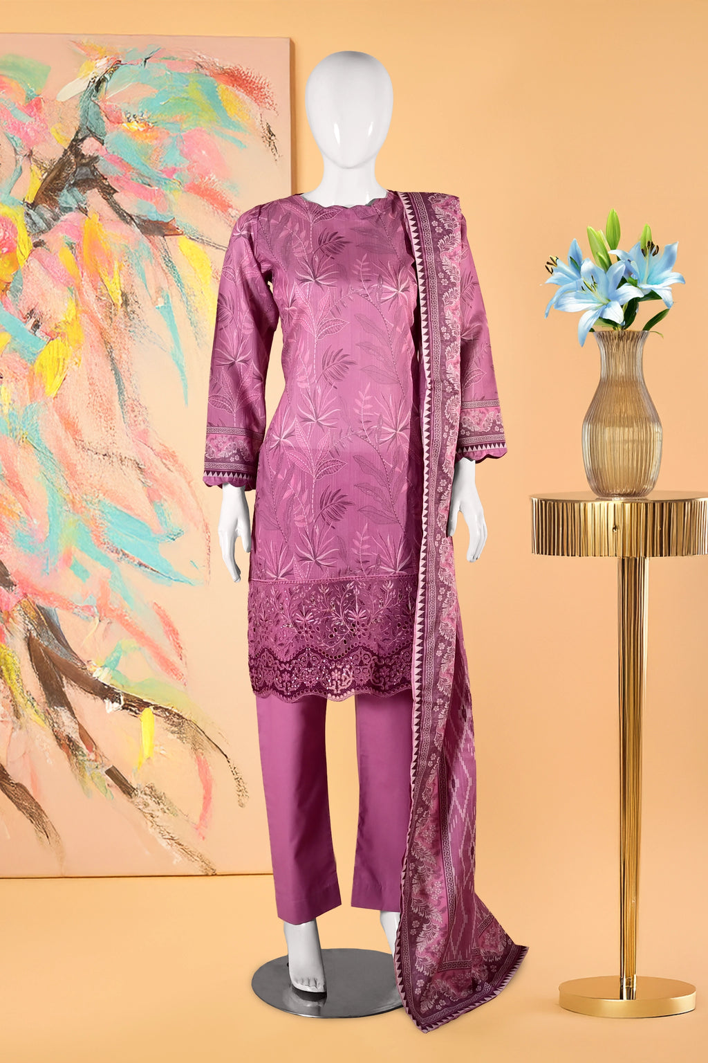 Rosewood Bloom - 3 Piece Cotton Stitched Suit 15D0131