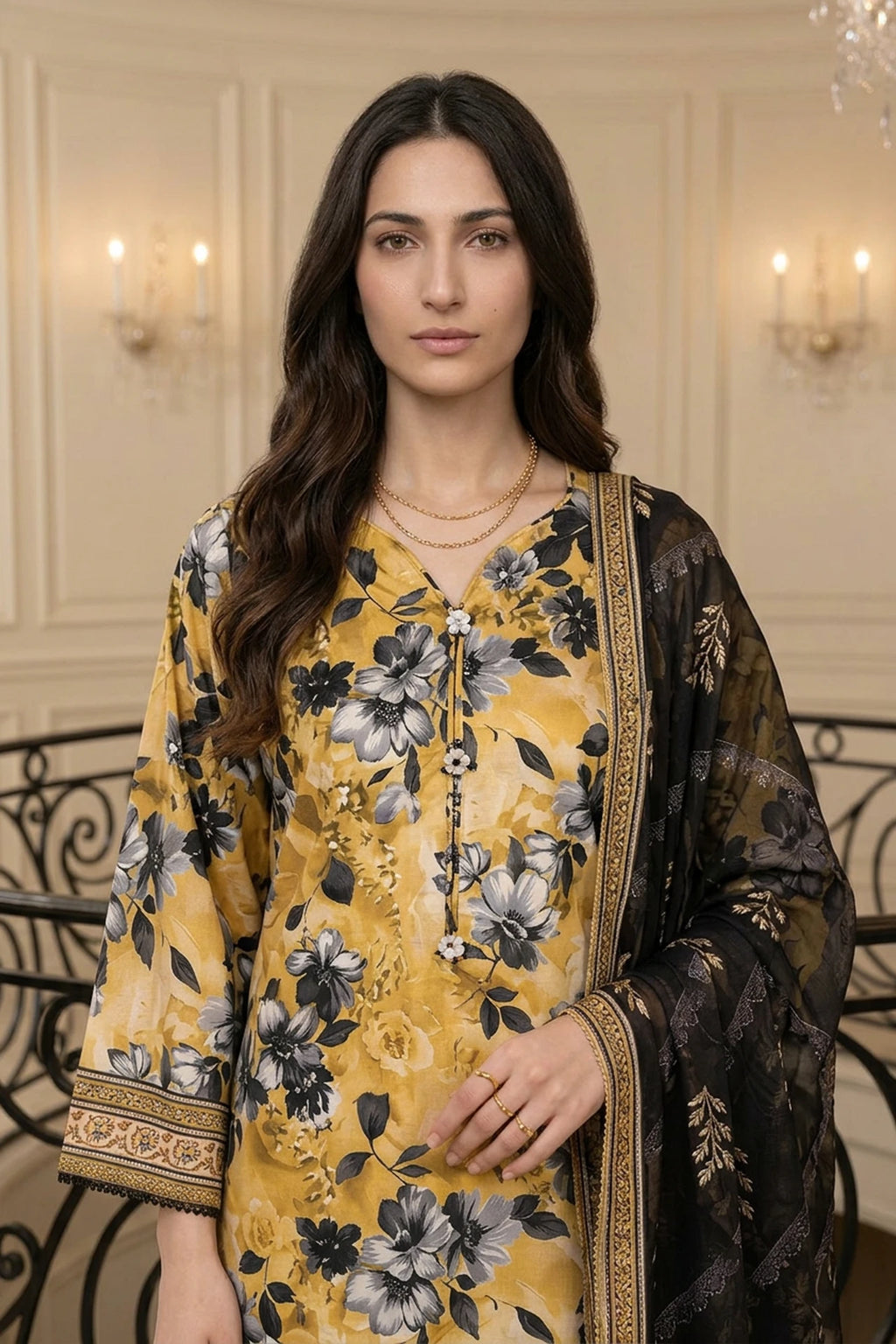 Zarevia Gold – 3 Piece Stitched Viscose Linen Suit 1512301