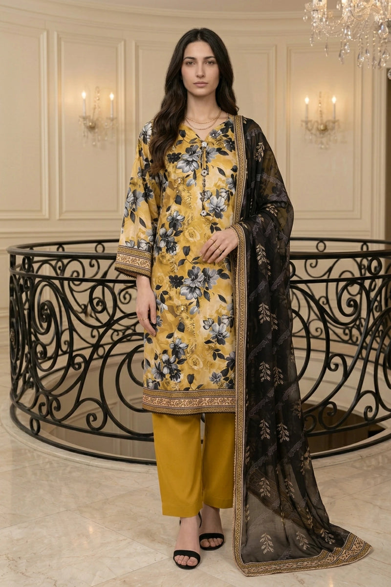 Zarevia Gold – 3 Piece Stitched Viscose Linen Suit 1512301