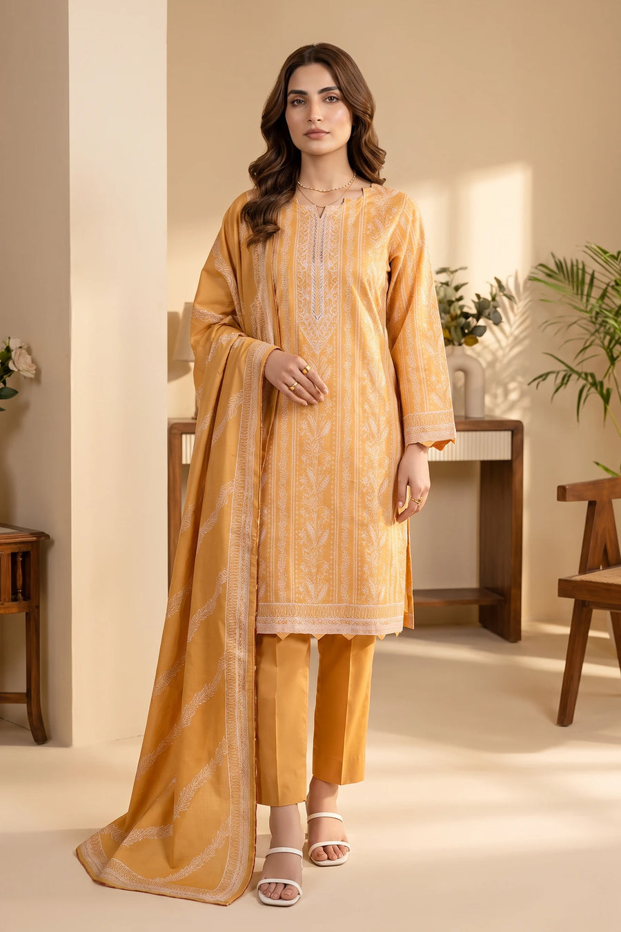 Sunlit Olive - 3 Piece Stitched Cotton Suit  15D1062