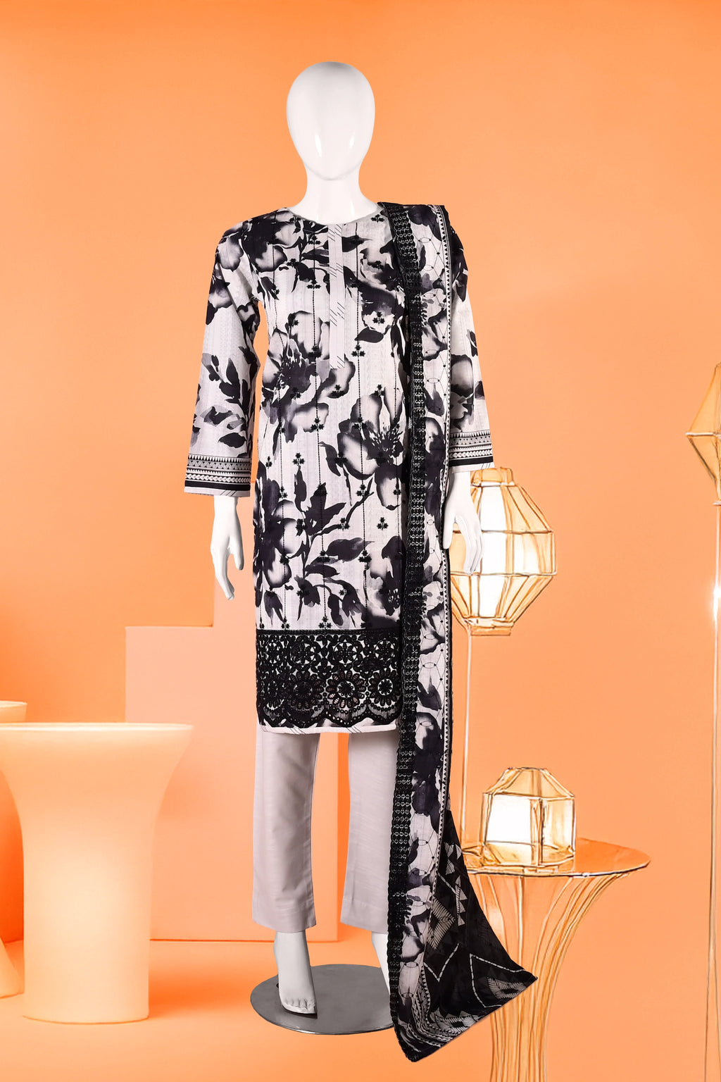 Noir Petals - 3 Piece Cotton Stitched Suit 15D0109