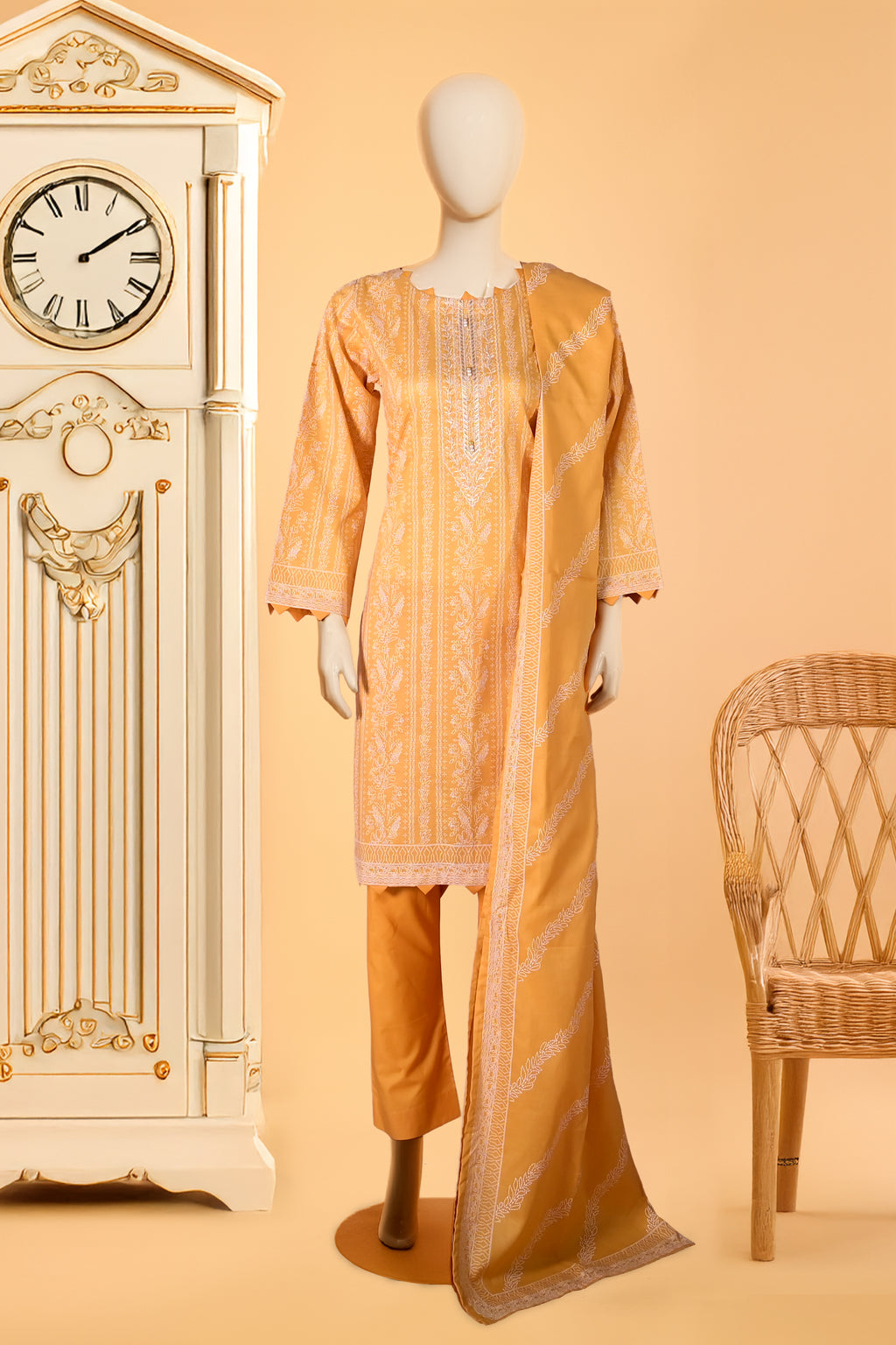 Sunlit Olive - 3 Piece Stitched Cotton Suit  15D1062