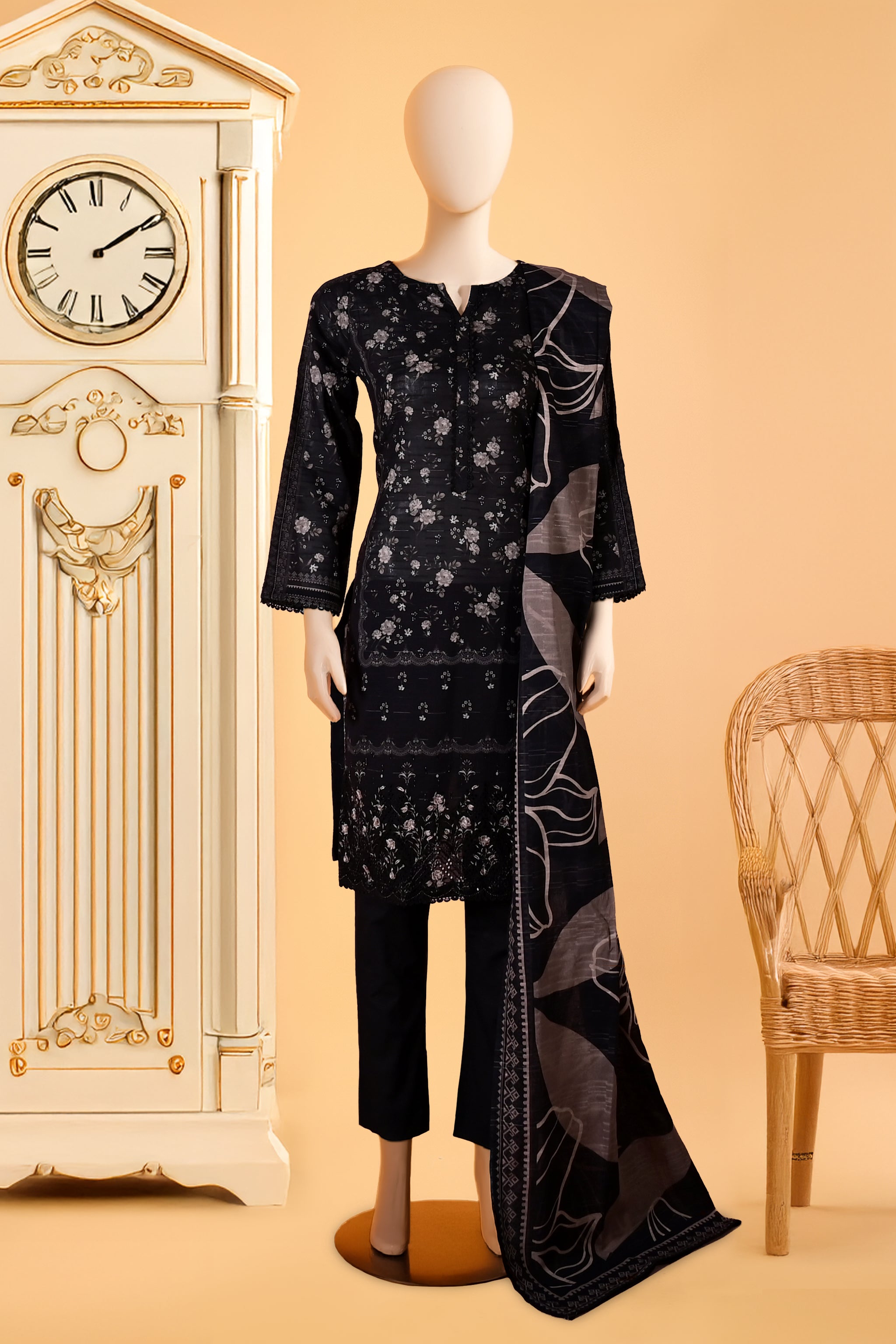 Mocha Bloom - 3 Piece Stitched Lawn Suit  15D0166