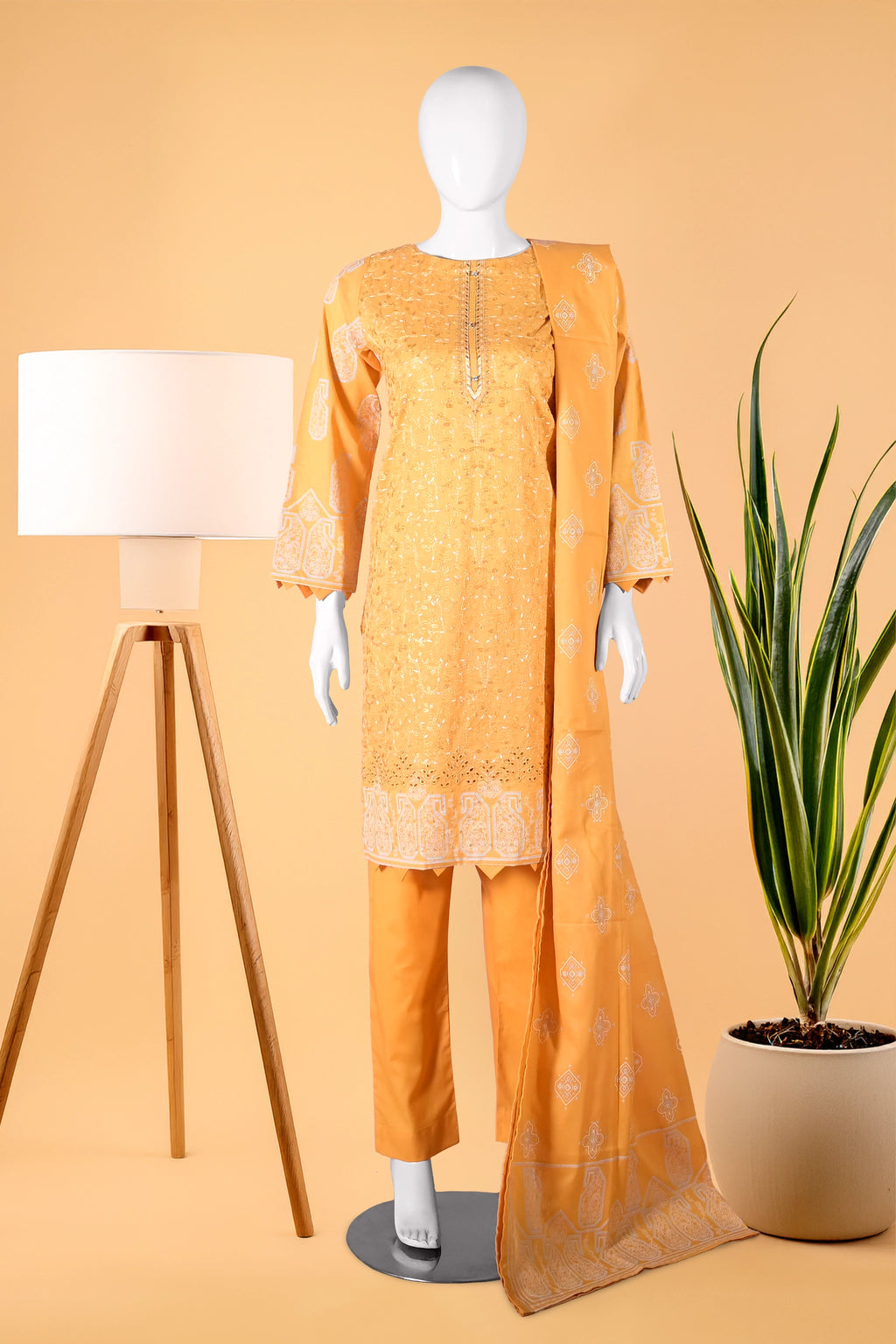 Golden Bloom 3 Piece Stitched Cotton Suit  15D0143