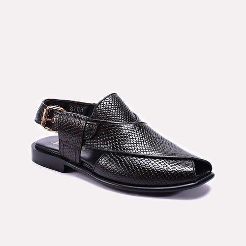 Black Textured Peshawari Chappals 0141071