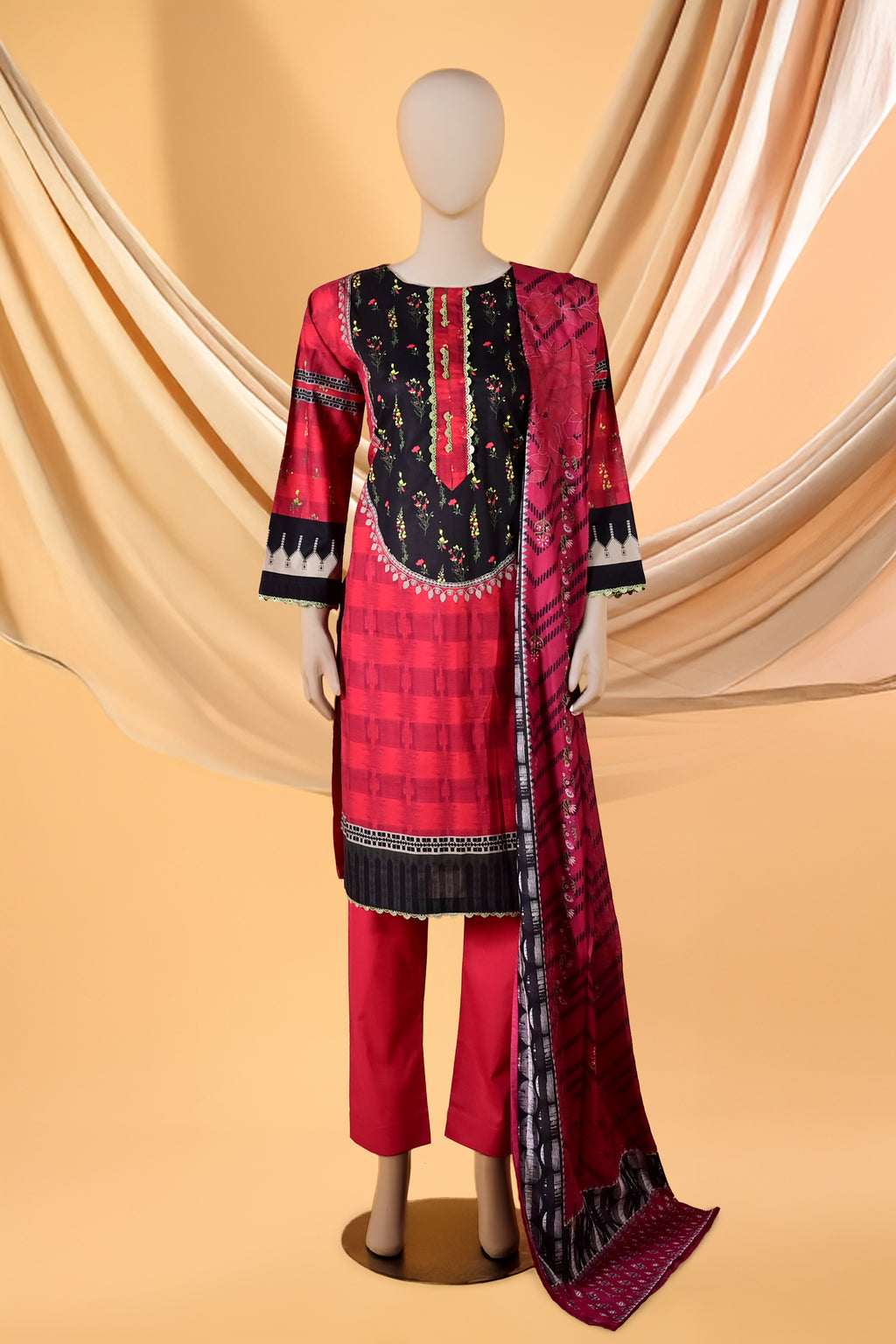 Noor Crimson – 3 Piece Lawn Stitched Suit 15D0150