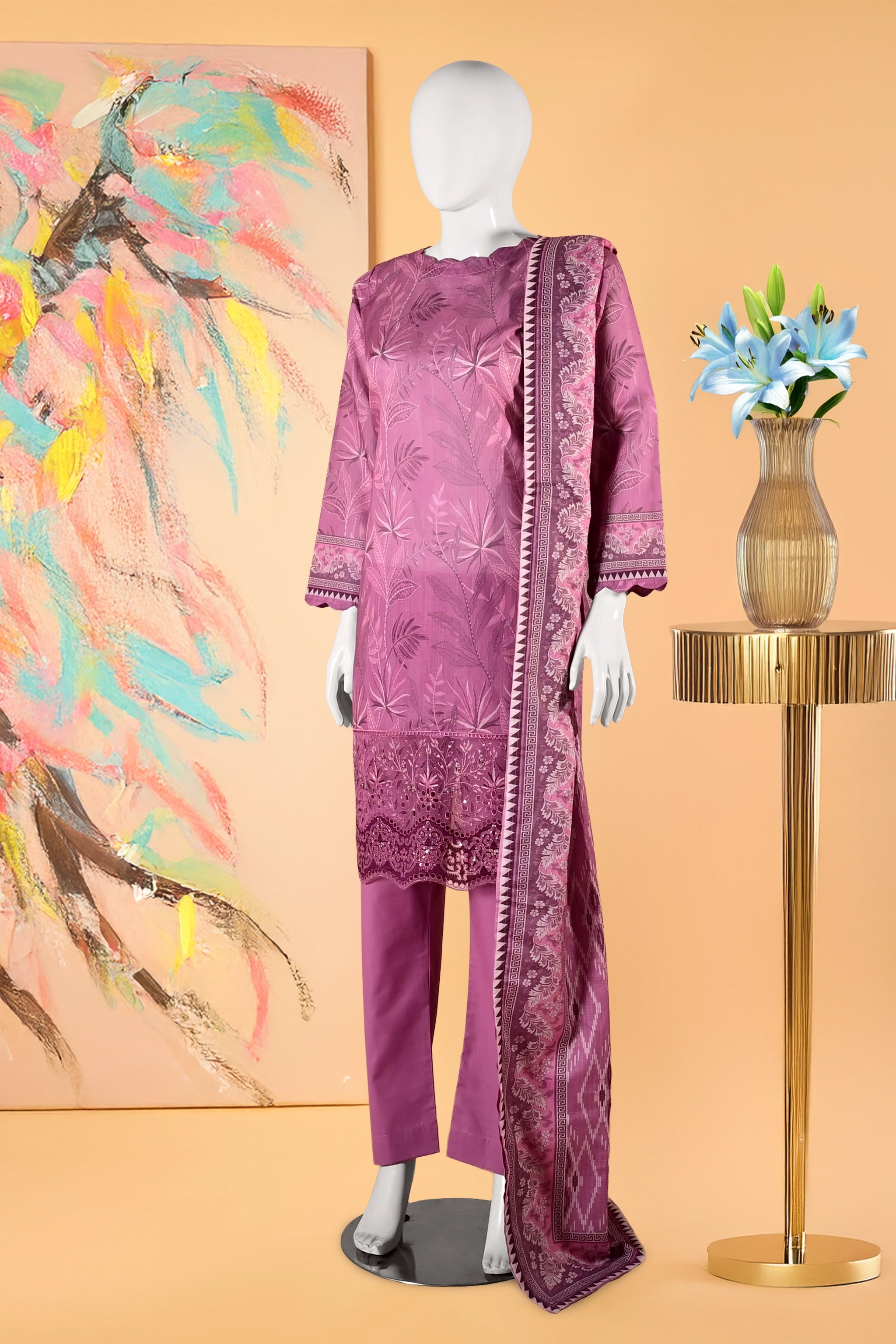 Rosewood Bloom - 3 Piece Cotton Stitched Suit 15D0131