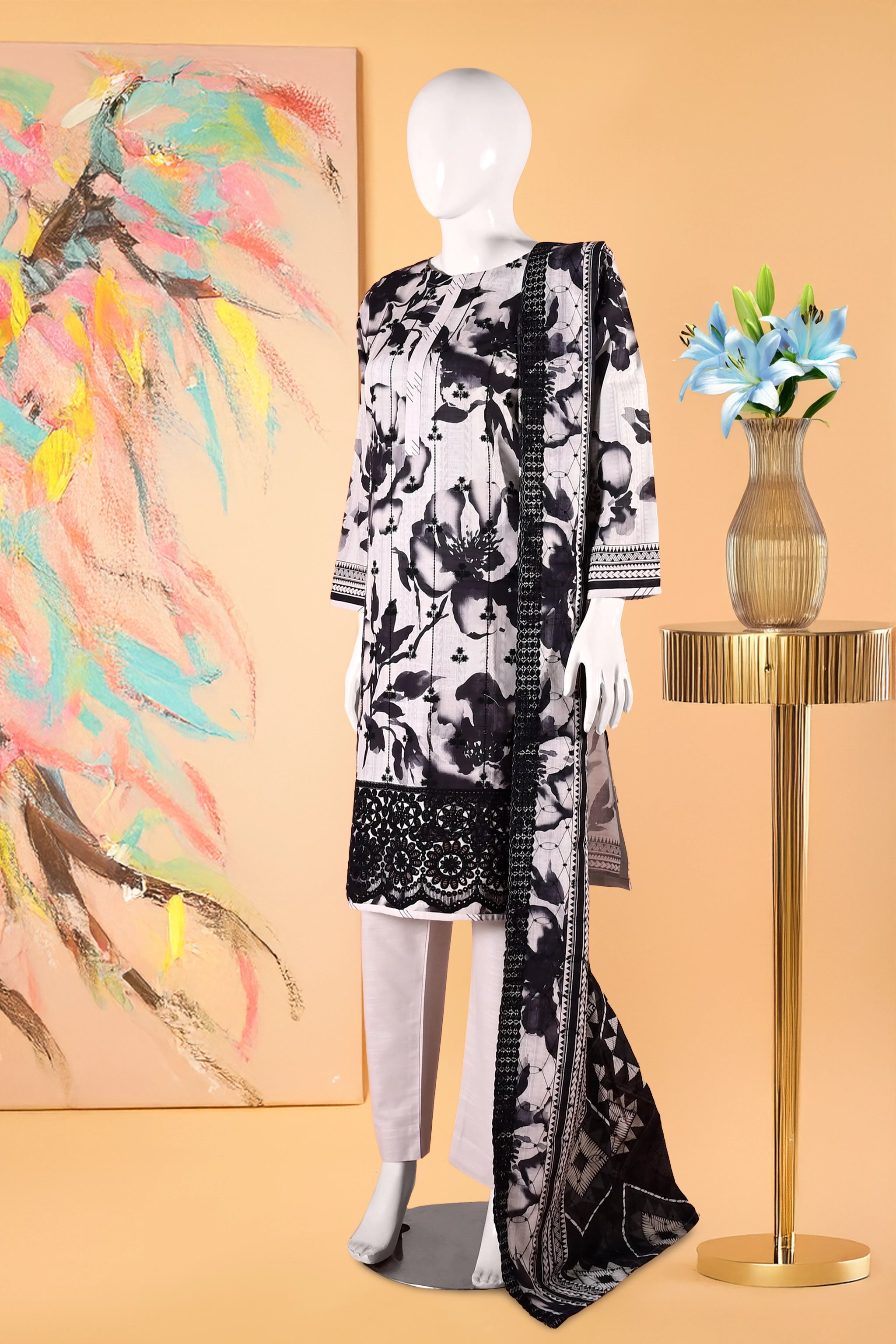 Noir Petals - 3 Piece Cotton Stitched Suit 15D0109