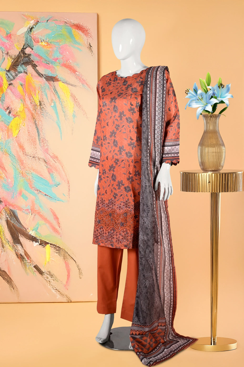 Rust Blossom- 3 Piece Cotton Stitched Suit-15D0129