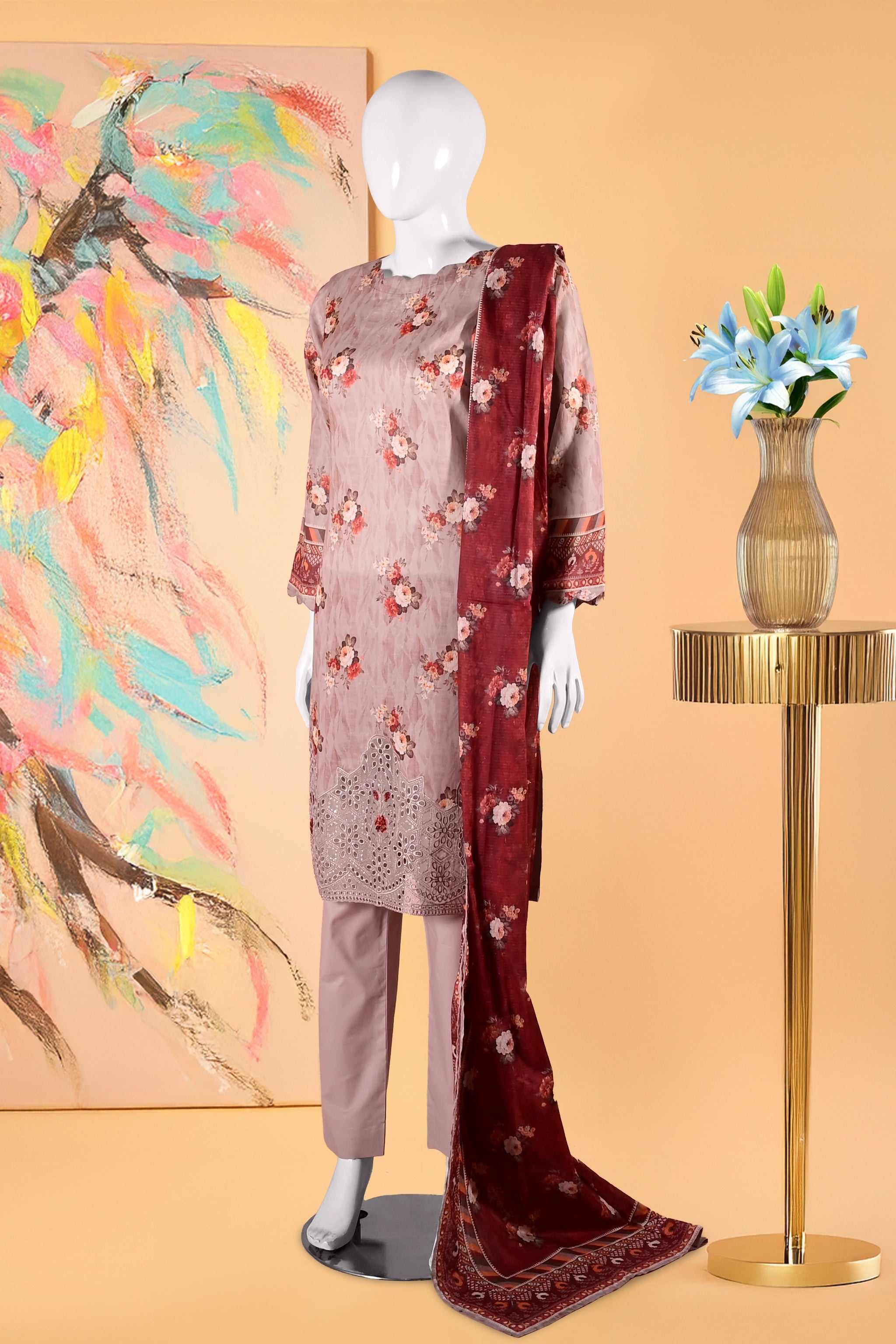 Beige Flora - 3 Piece Cotton Stitched Suit 15D0133
