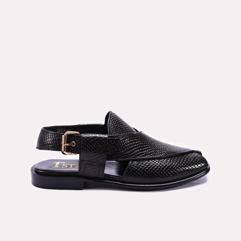 Black Textured Peshawari Chappals 0141071