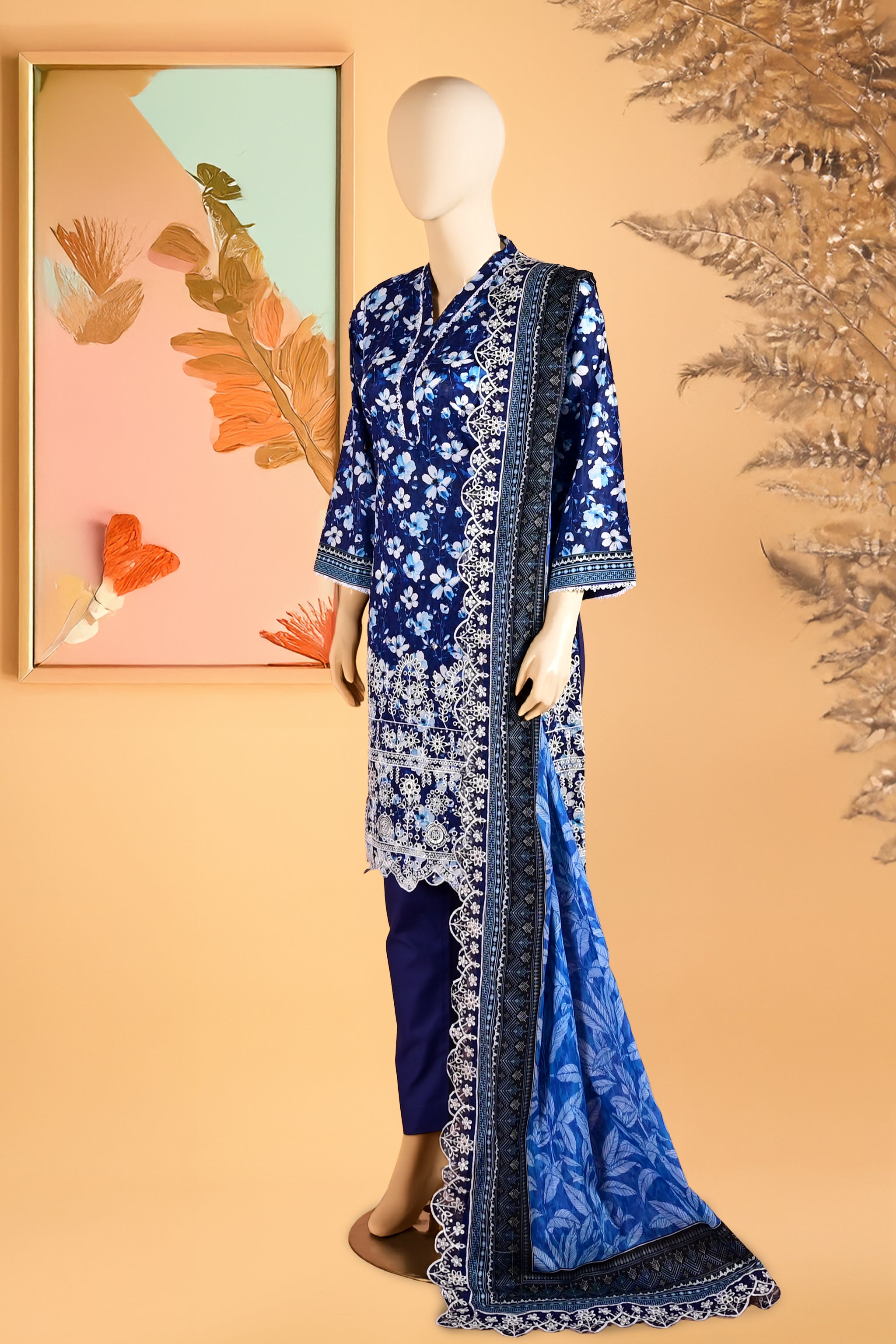 Nerissa Navy – 3 Piece Stitched Lawn Suit 15R1147