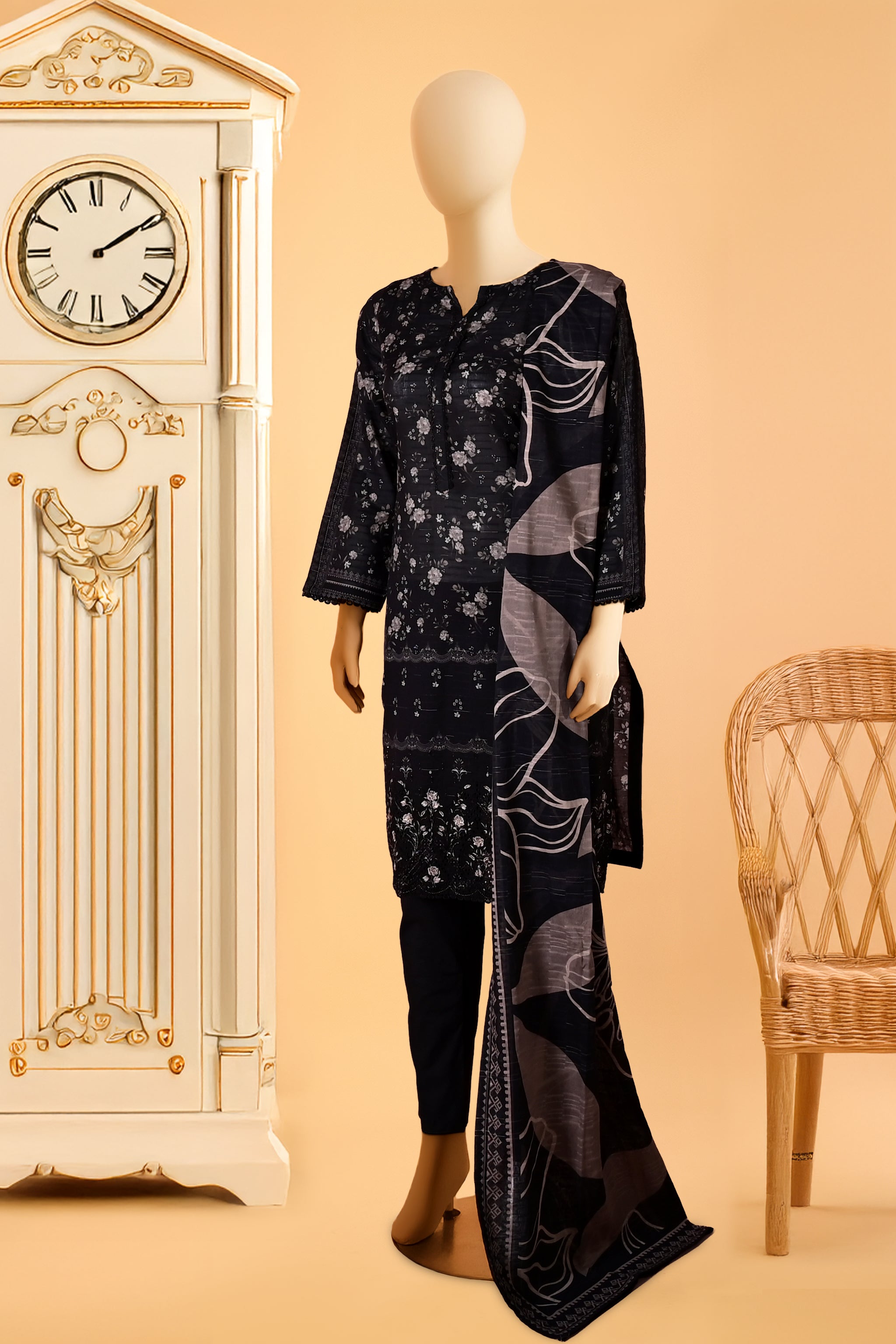 Mocha Bloom - 3 Piece Stitched Lawn Suit  15D0166