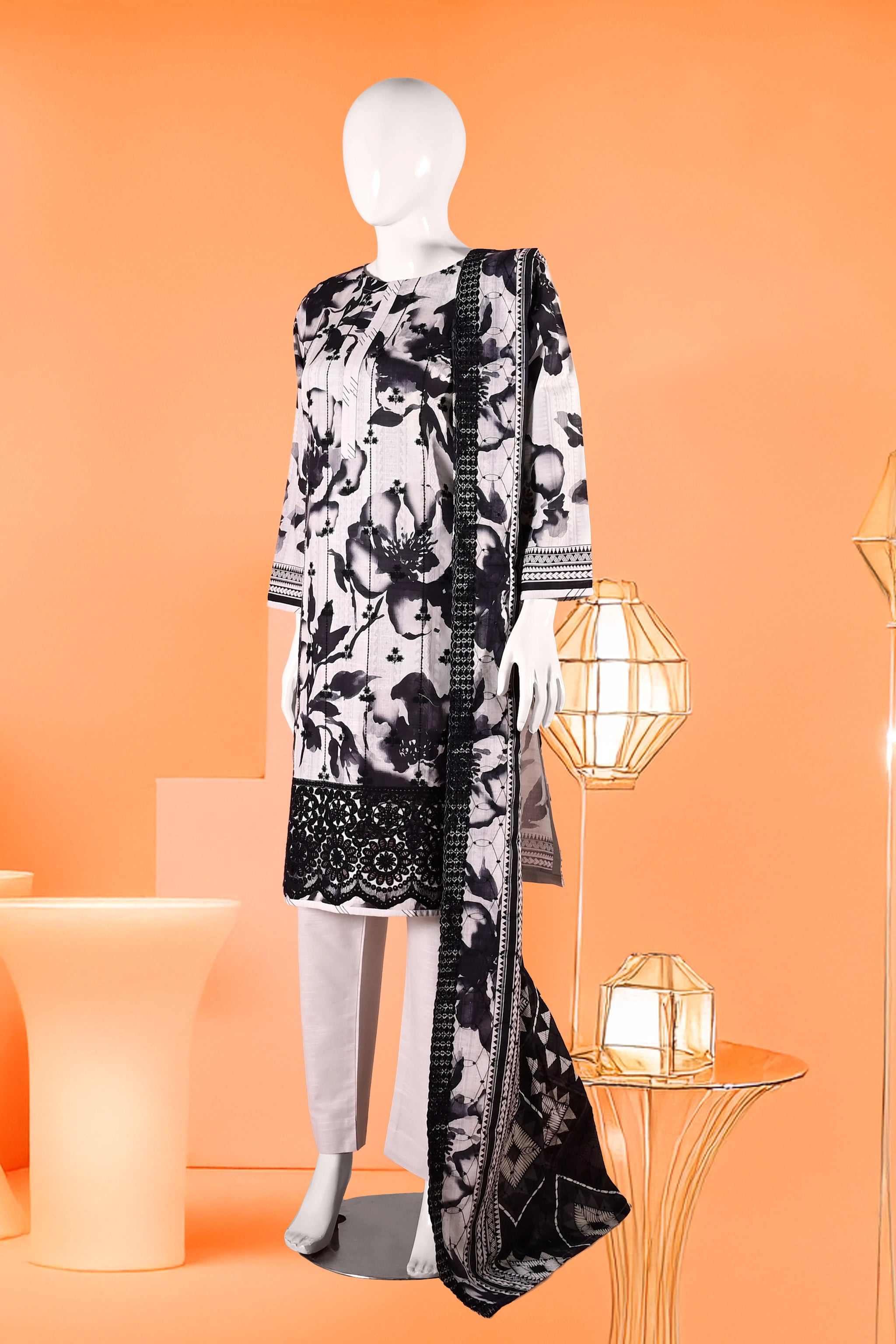 Noir Petals - 3 Piece Cotton Stitched Suit 15D0109