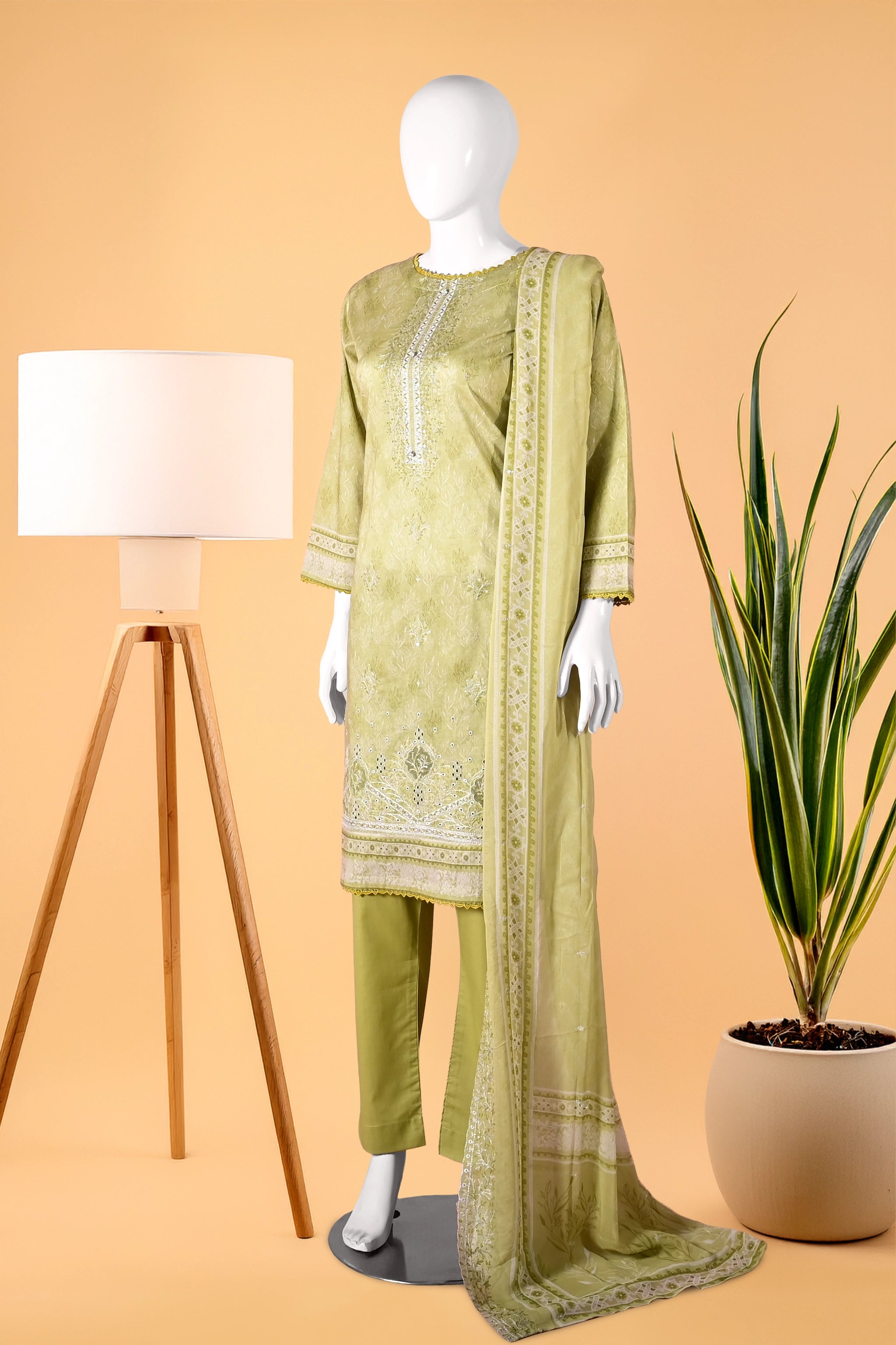 Spring Olive 3 Piece Stitched Cotton Suit 15D0118