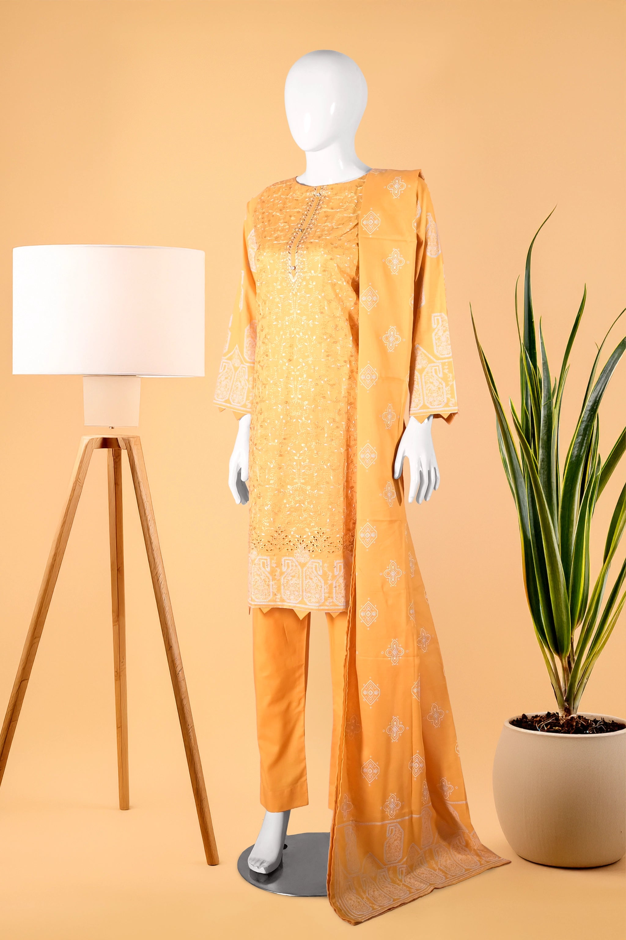 Golden Bloom 3 Piece Stitched Cotton Suit  15D0143