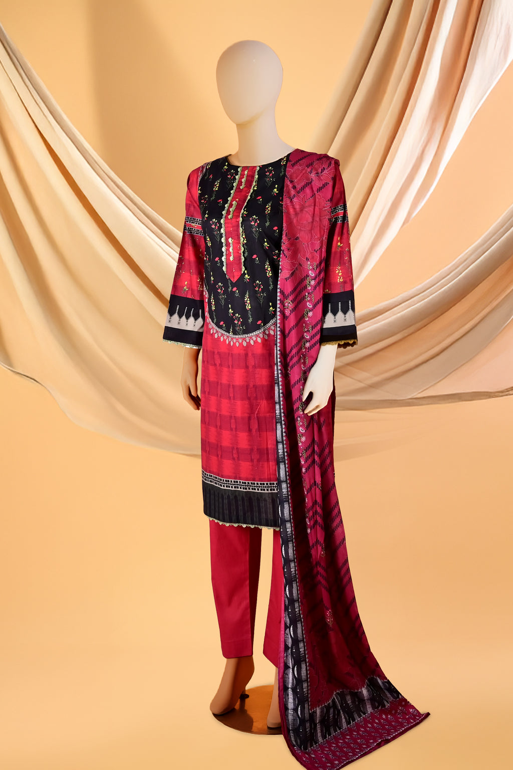 Noor Crimson – 3 Piece Lawn Stitched Suit 15D0150