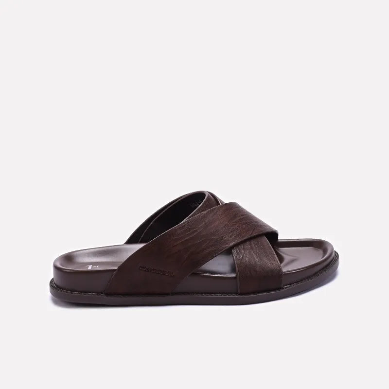 Mens Brown Comfy Criss Cross Slippers