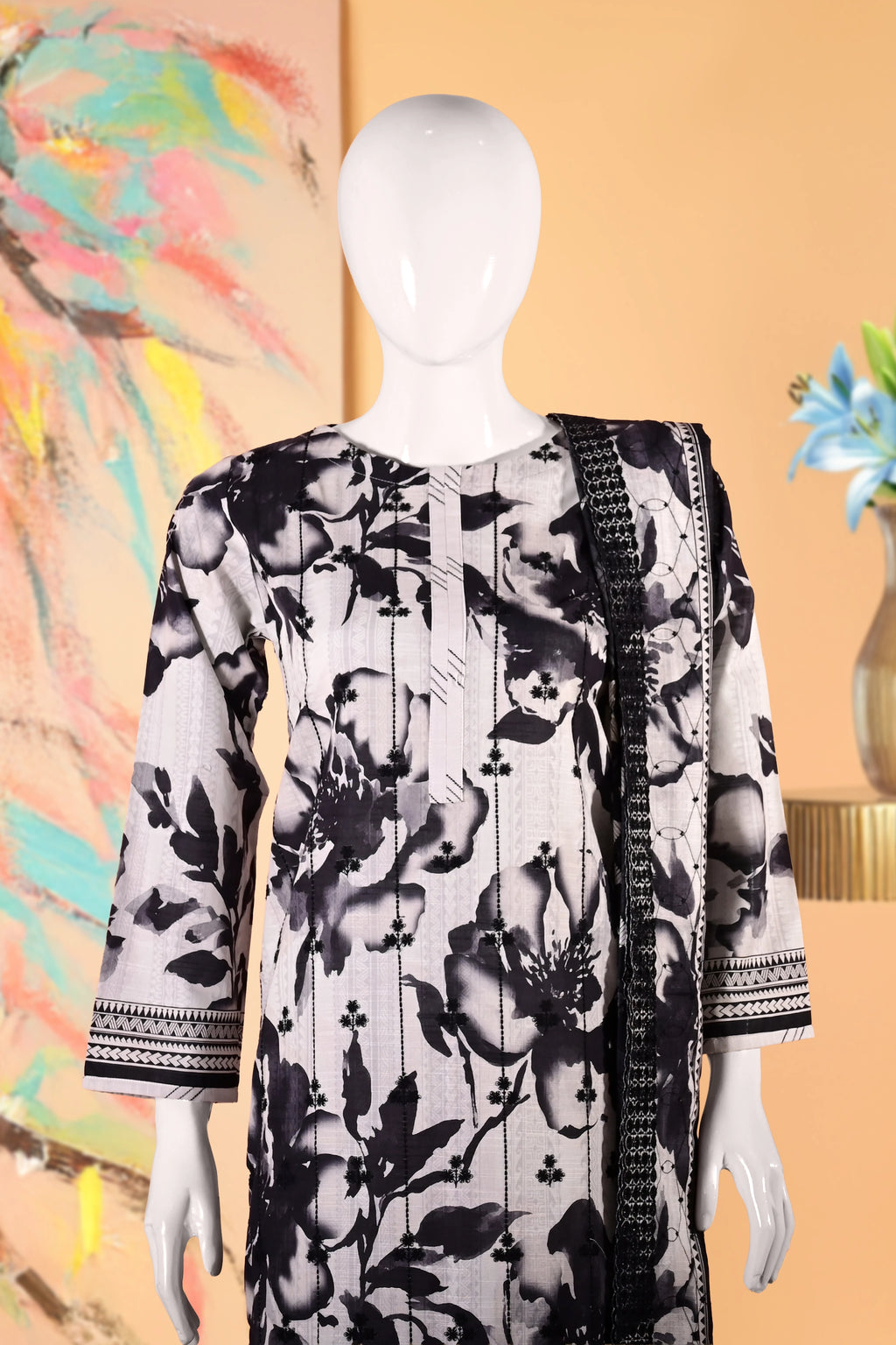 Noir Petals - 3 Piece Cotton Stitched Suit 15D0109