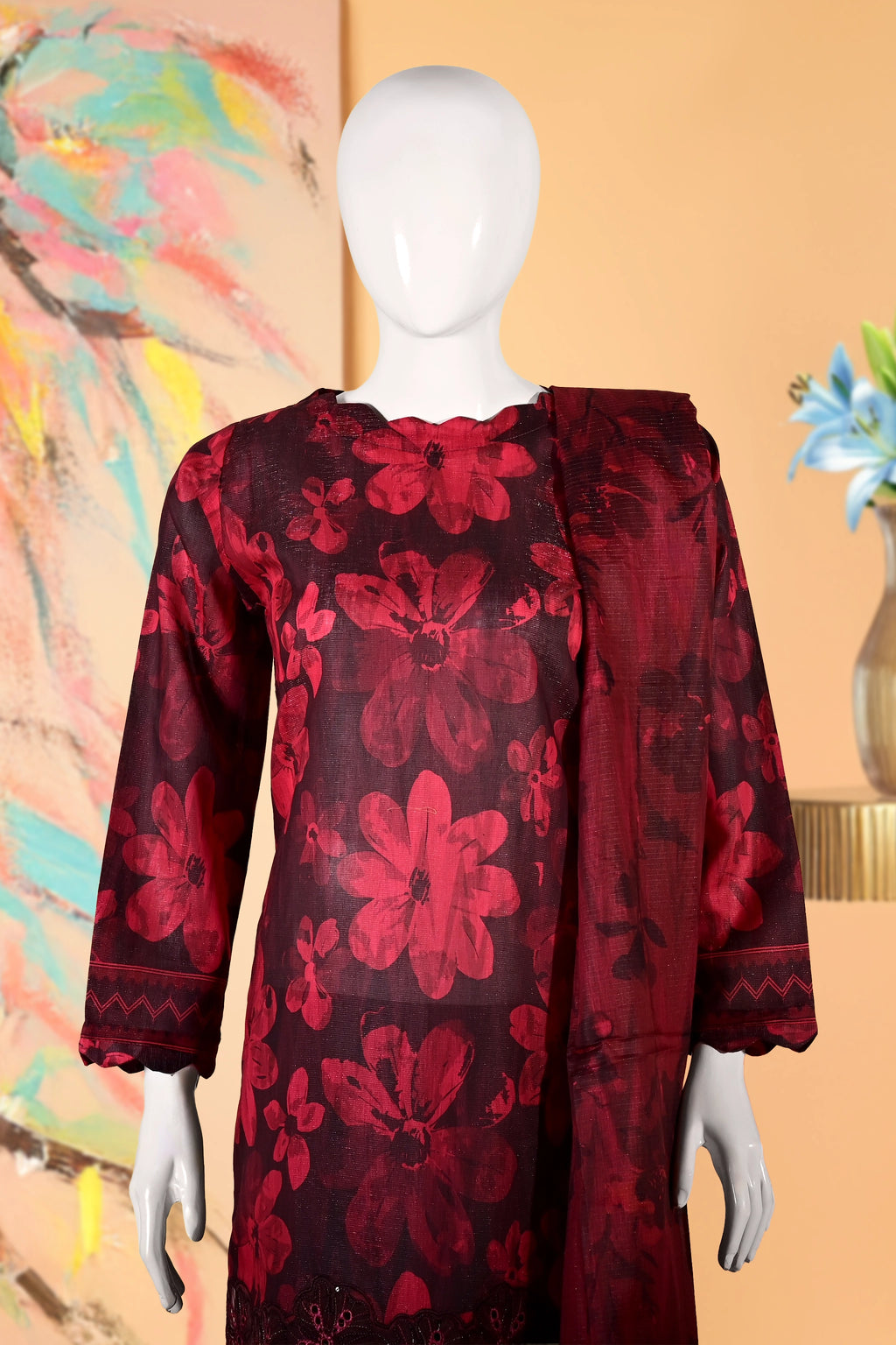 Berry Blaze - 3 Piece Cotton Stitched Suit-15D0137