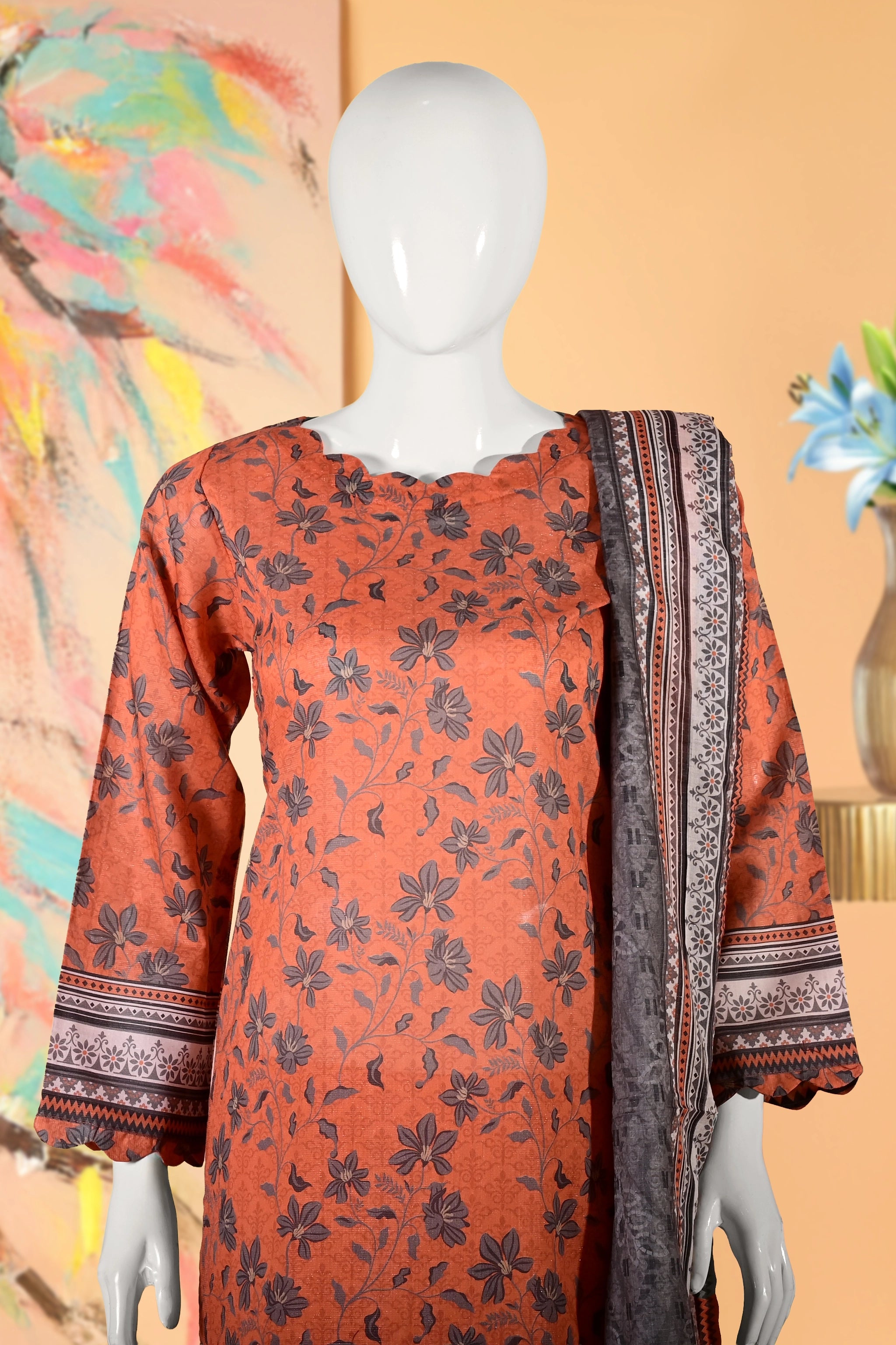 Rust Blossom- 3 Piece Cotton Stitched Suit-15D0129