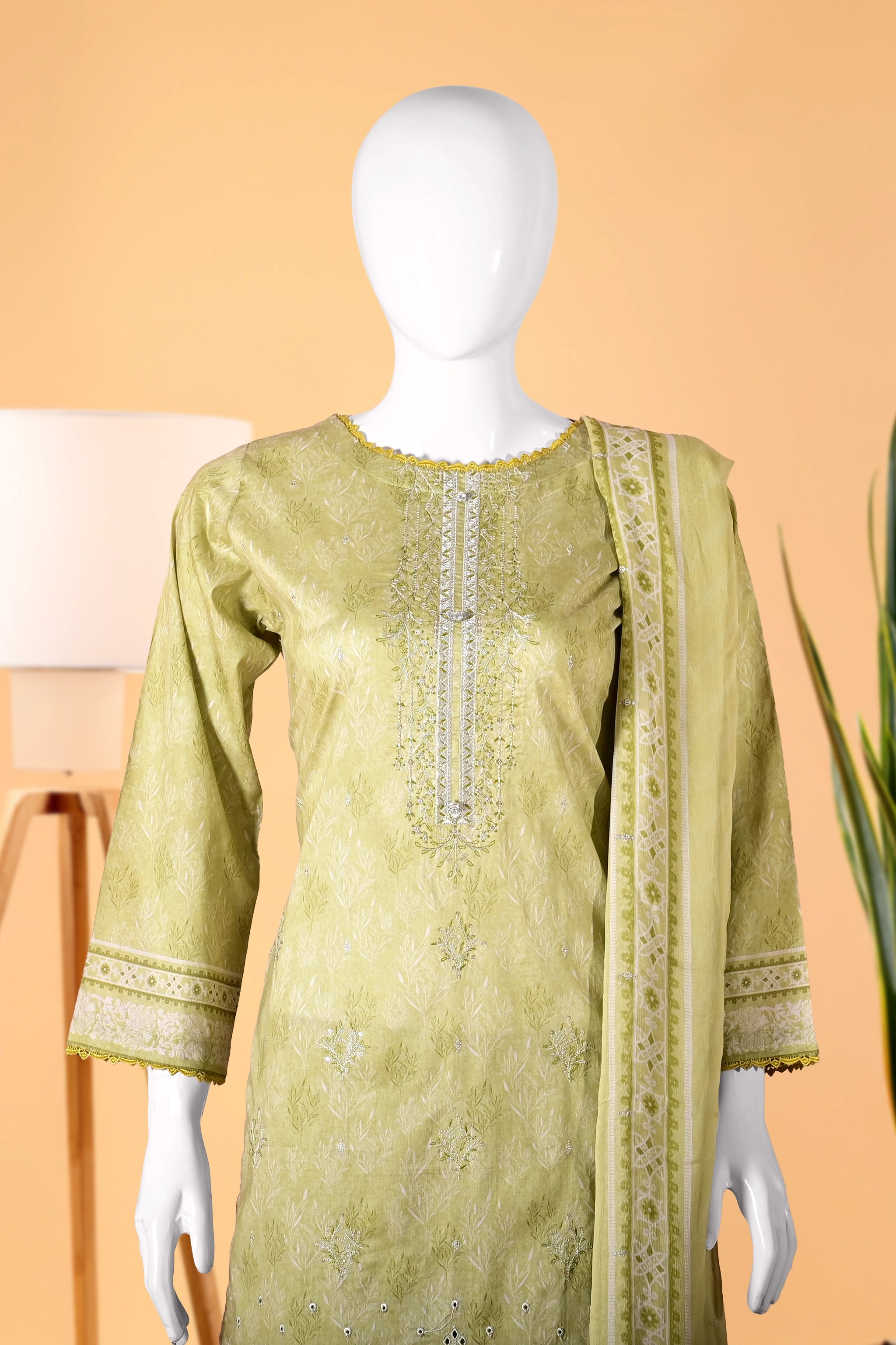 Spring Olive 3 Piece Stitched Cotton Suit 15D0118