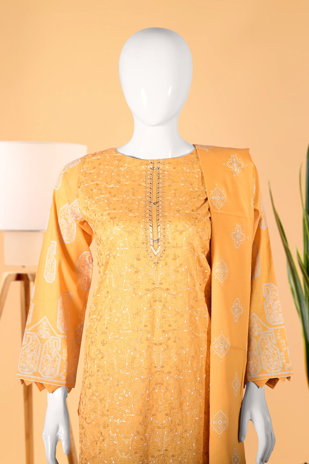 Golden Bloom 3 Piece Stitched Cotton Suit  15D0143