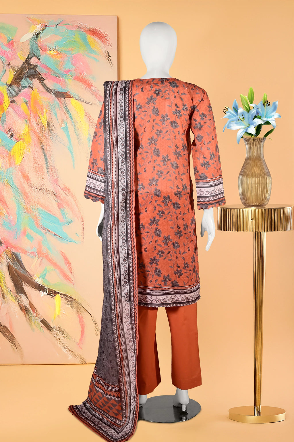 Rust Blossom- 3 Piece Cotton Stitched Suit-15D0129