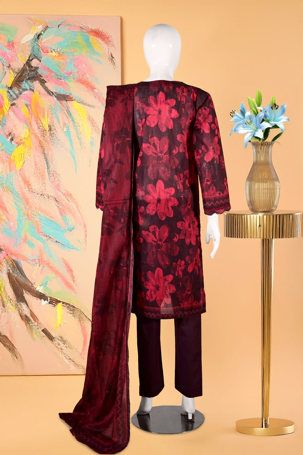 Berry Blaze - 3 Piece Cotton Stitched Suit-15D0137