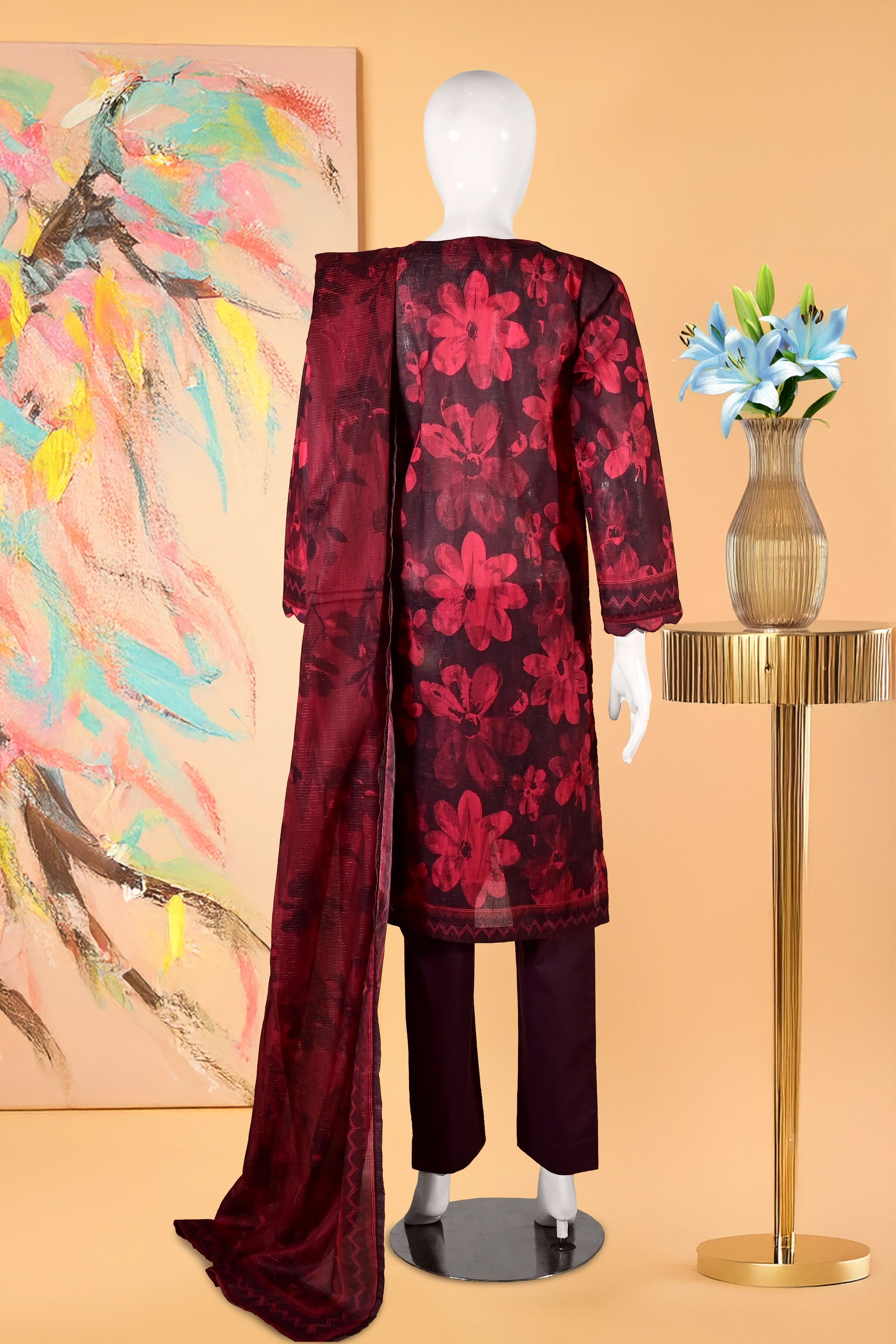 Berry Blaze - 3 Piece Cotton Stitched Suit-15D0137