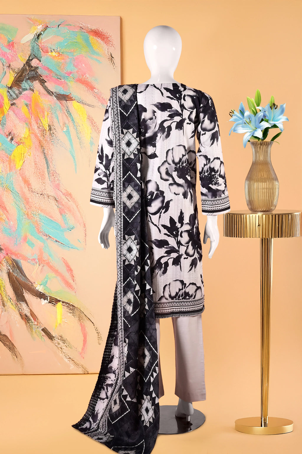 Noir Petals - 3 Piece Cotton Stitched Suit 15D0109