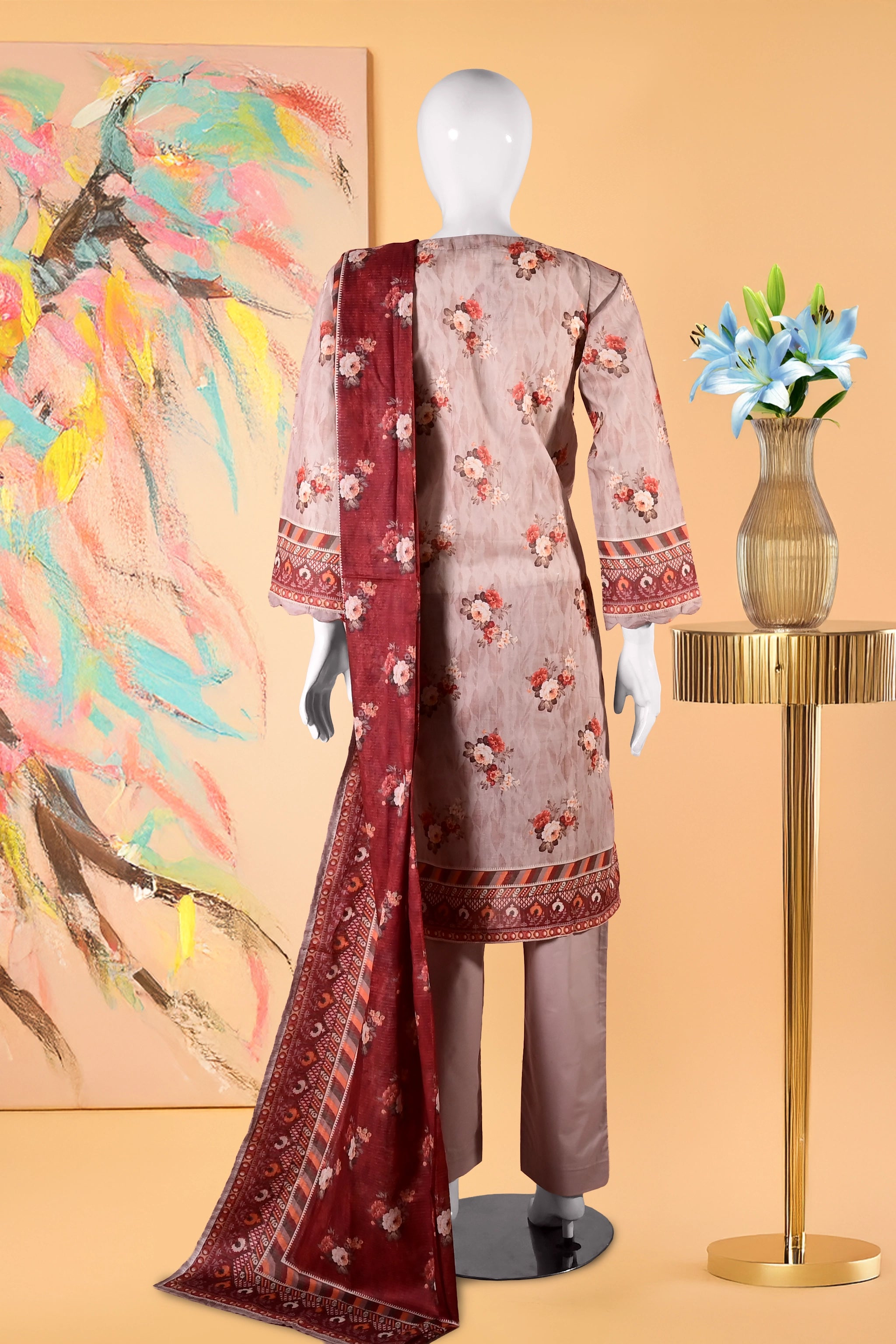 Beige Flora - 3 Piece Cotton Stitched Suit 15D0133