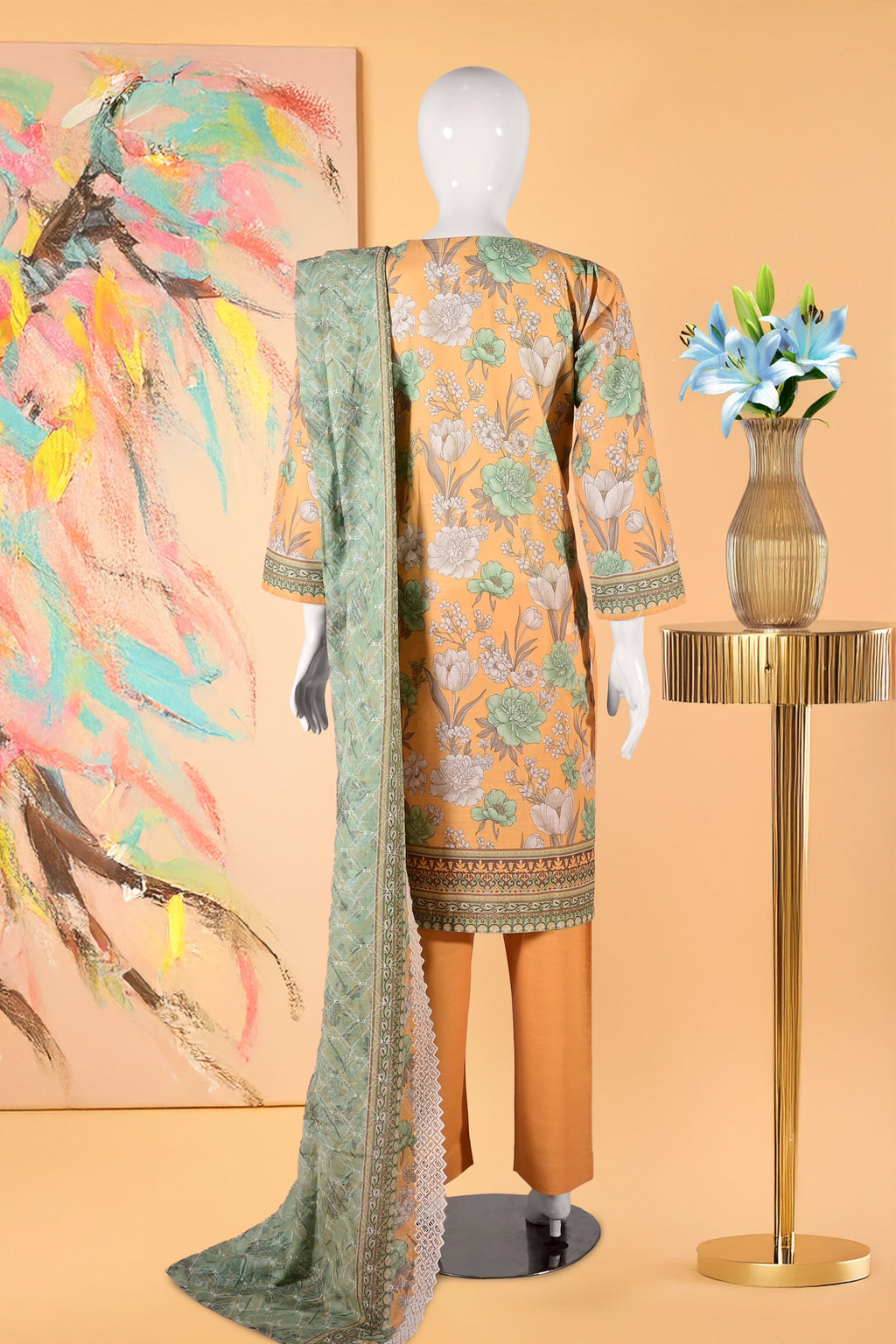 Marigold-3 Piece Cotton Stitched Suit-15D0111