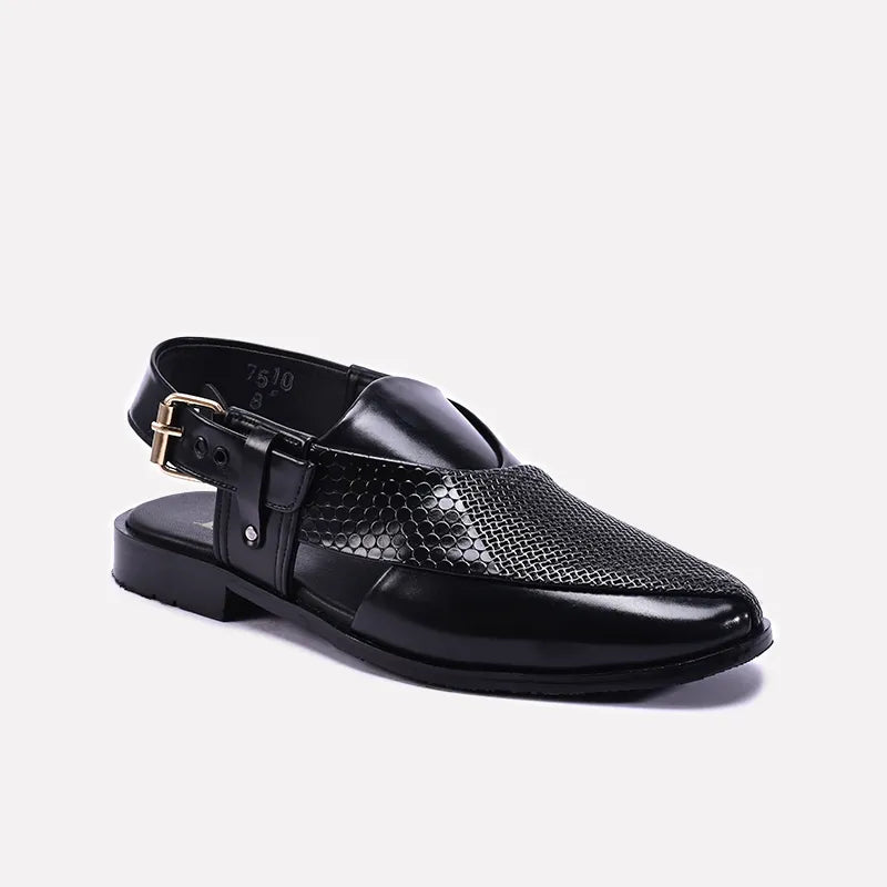 Black Textured Peshawari Chappal 0141108