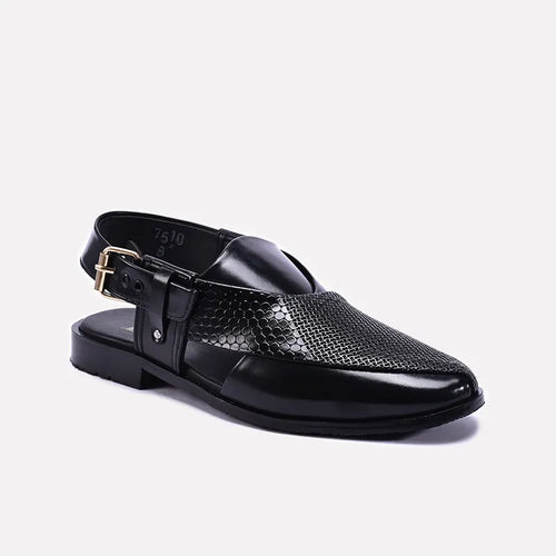 Black Textured Peshawari Chappal 0141108