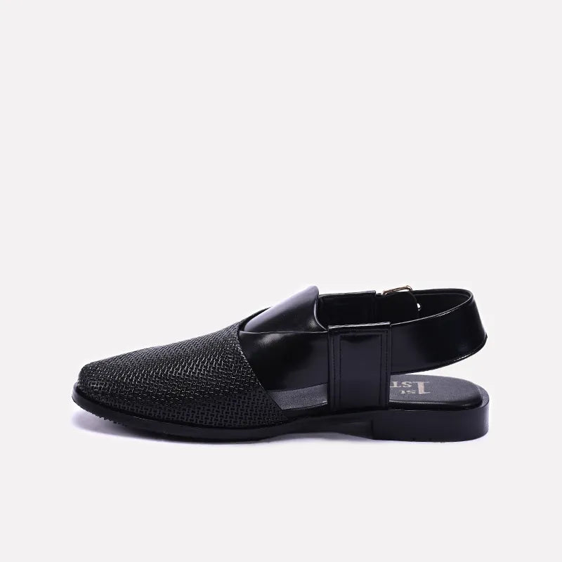 Black Textured Peshawari Chappal 0141108