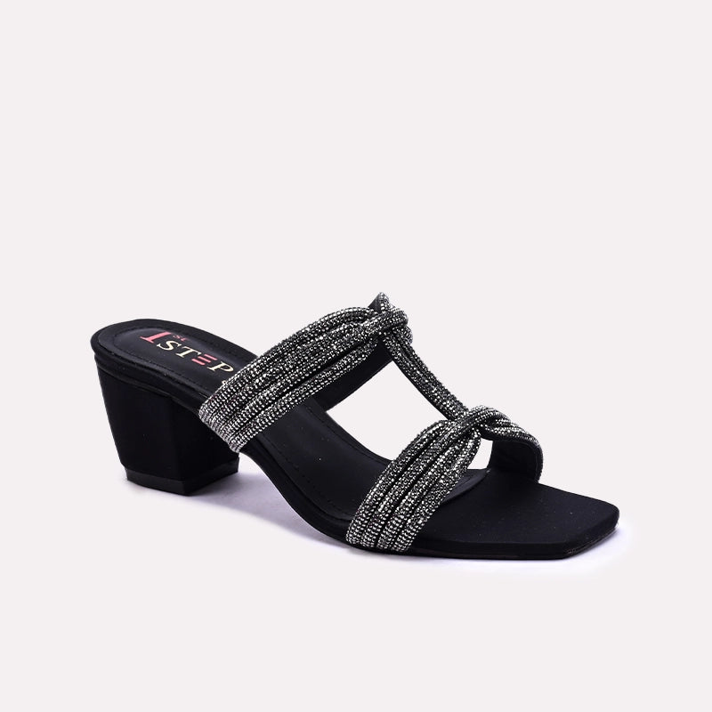 Black Block Heel Fancy Slippers