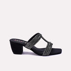 Womens Black Block Heel Fancy Slippers